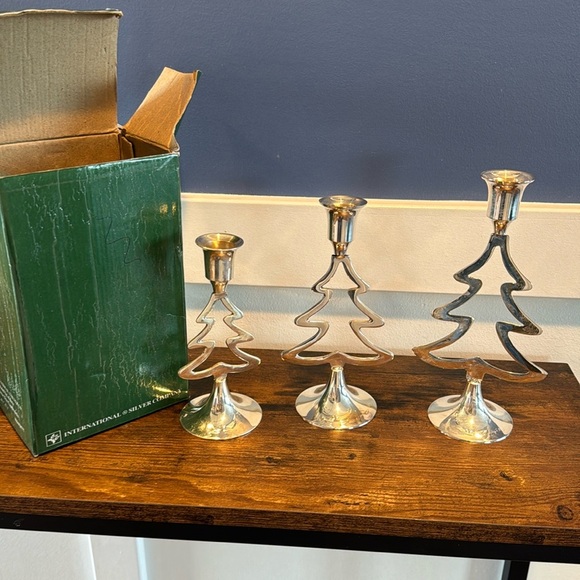 Vintage 1995 International Silver Co. set of 3 silverplated tree candlesticks - Picture 1 of 11